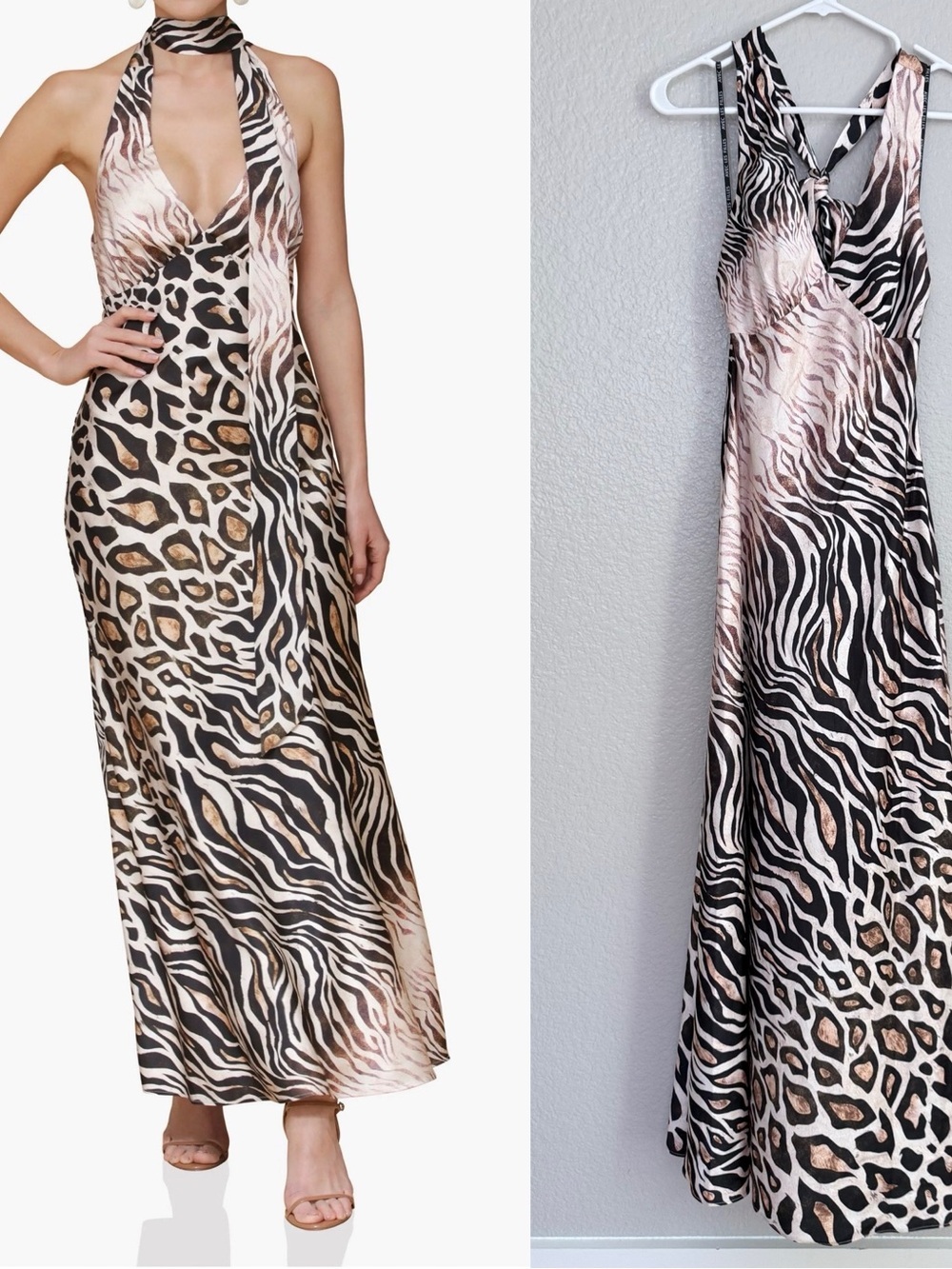 Avec Les Filles Scarf Neck Tie Animal Print Maxi Dress in Black and Tan